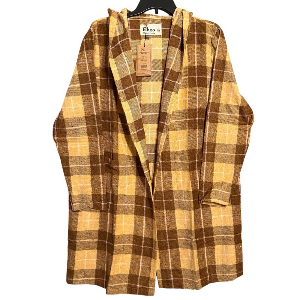 NWT Rhea Heather Hoodie Shrug Coat in Mustard/Brown Plaid Cotton Size Sm/M